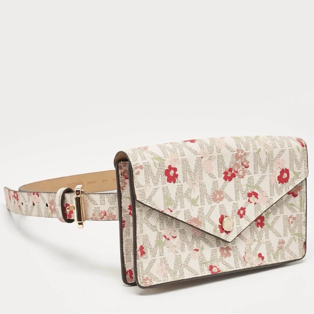Michael Kors Floral MK Logo Belt Bag Vanilla Cream Red Pink Waist Fanny Pack - Picture 2 of 3
